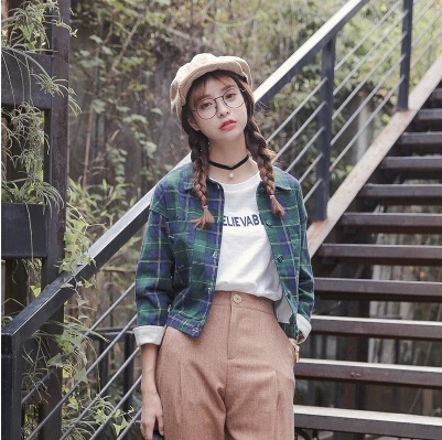 2016春季新款韩国新品口袋经典格子百搭工装短款衬衫式牛仔外套女