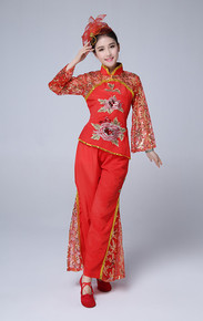 成人民族演出广场服女二人转扇子舞蹈服装新款中国结红纱秧歌服装