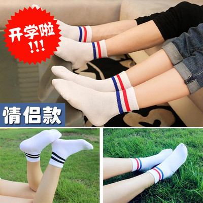 韩版夏季二条杠袜子中筒纯棉棒球袜条纹薄款情侣运动短袜男女袜