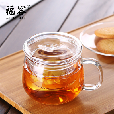 福容玻璃茶具个人泡茶杯带盖过滤玻璃茶杯四件套装带把透明水杯子