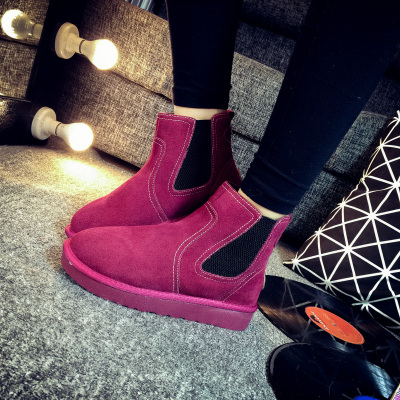 2015韩版冬情侣款真皮短筒雪地靴女短靴厚底加绒切尔西靴学生棉鞋