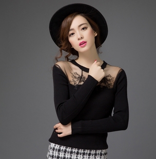 2015新款冬季女装韩版修身显瘦圆领套头毛衣女士蕾丝性感打底衫