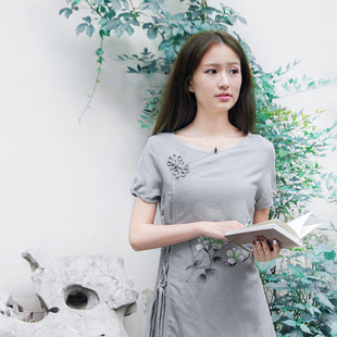 伶俐柠檬10595中国风复古原创设计文艺范女装棉麻手绘连衣裙2015