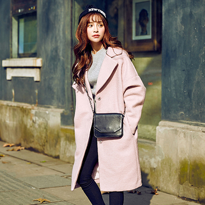 2015冬装新款西装领韩版茧型毛呢外套中长款加绒加厚呢子大衣女潮