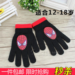 新款潮男士五指手套冬季保暖学生卡通蜘蛛侠黑色个性全指手套包邮