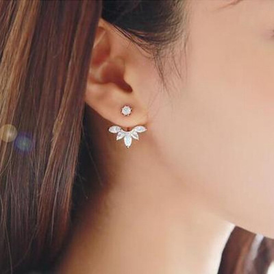 韩国代购耳钉 925纯银锆石树叶后挂式珍珠耳钉女气质韩版时尚耳环
