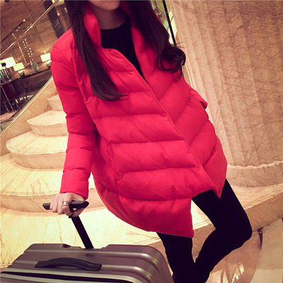 正版2015冬季新款韩版毛呢拼接羽绒棉衣中长款加厚大红色面包服女
