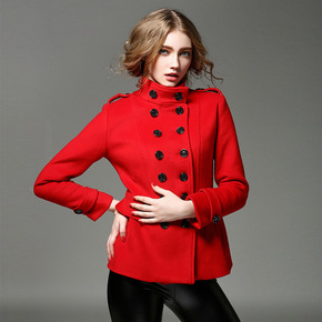 2015修身纯色欧美冬季新款女装时尚潮英伦风立领双排扣羊毛尼外套