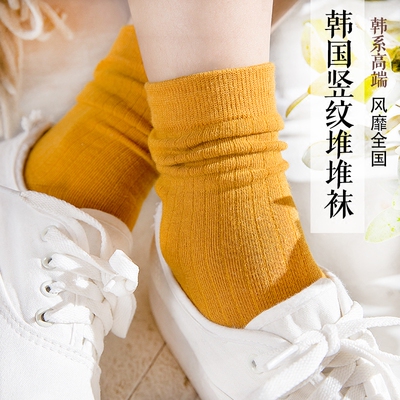 袜子女春夏季韩国纯棉薄款堆堆袜女袜日系复古竖条纹中筒袜短靴袜