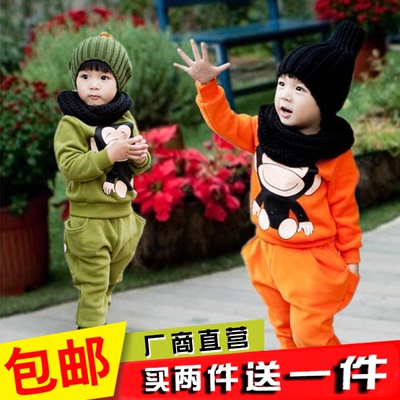 女童卫衣两件套加厚秋冬装男童加绒运动套装中大童儿童大嘴猴童装