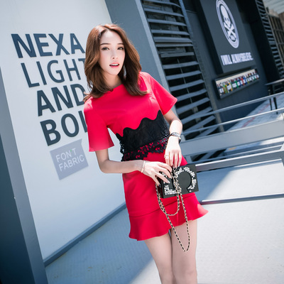 2016夏季韩版新款女装修身显瘦圆领蕾丝拼接荷叶边连衣裙   包邮