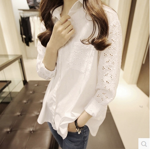 韩版秋装新款女装气质甜美长袖蝙蝠袖绣花镂空宽松衬衫衬衣