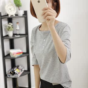 新款韩版显瘦t恤女 前排扣五分袖上衣纯色圆领学生中袖体恤打底衫