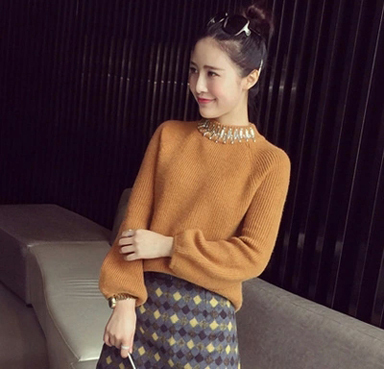 2015冬韩版半高领灯笼袖女毛衣宽松显瘦套头针织衫女装