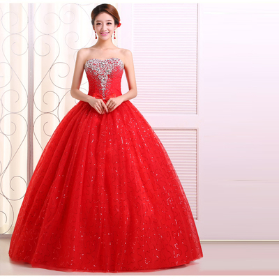 韩式新款抹胸钻石镶钻大红色新娘蓬蓬裙婚纱 声乐独唱舞台演出服