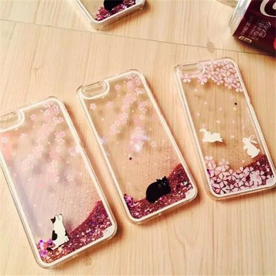 iphone6s樱花小白猫兔子液体手机壳苹果6plus流沙星星5s保护套女
