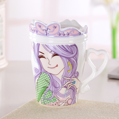 创意杯子马克杯带盖带勺子简约水杯卡通可爱女孩陶瓷杯子茶杯女士