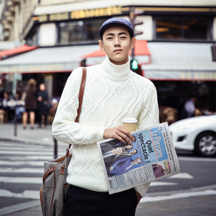 欧美复古系列 街拍大菱形编织设计男士韩版高领暖男时尚休闲毛衣