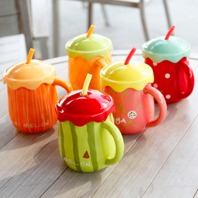 可爱水果造型马克杯 大肚陶瓷杯子 儿童杯情侣杯咖啡杯带盖勺吸管