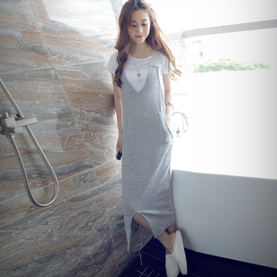 ATAR2015夏季新款前开叉韩版时尚连衣裙舒适针织休闲灰色背带长裙
