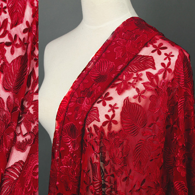 罗马红双色 2015高级真丝面料立体刺绣复古蕾丝桑蚕丝乔其纱布料