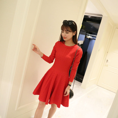 2015新款秋装时尚女装高腰裙红色长袖针织连衣裙秋季A字裙蓬蓬裙