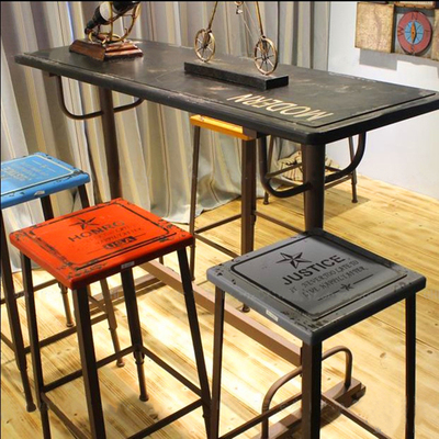 创意loft复古做旧实木铁艺吧台桌椅美式吧凳酒吧高脚桌椅组合定做