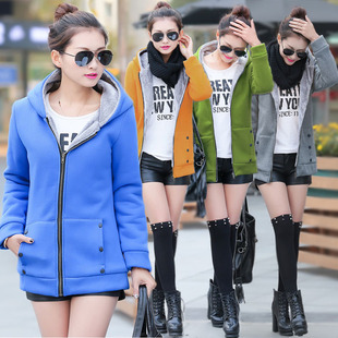 冬装韩版大码加绒学生装长袖加厚开衫连帽中长款卫衣外套女运动服