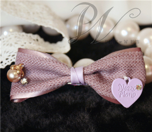 【pink w】手缝钻珍珠蝴蝶结香芋紫发夹发头饰 紫色爱心吊牌