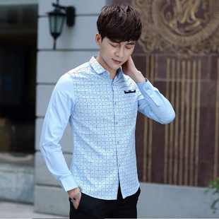长袖衬衫男秋季2015新款韩版修身棉男士免烫拼接格子衬衫休闲衬衣