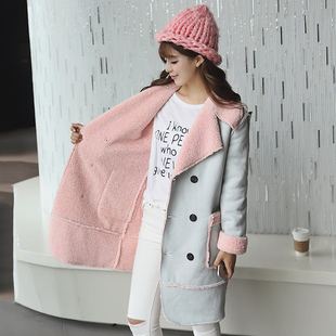2015秋冬新款 韩版时尚中长款羊羔毛鹿麂皮绒棉衣 女外套大衣上衣