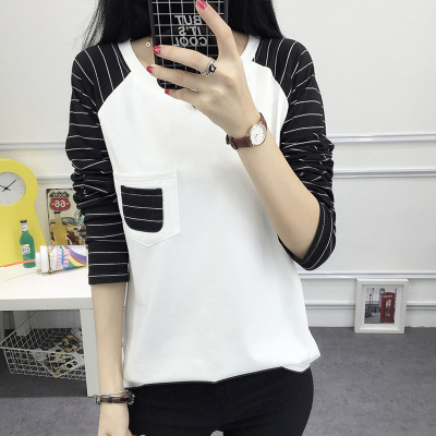 实拍2016秋季新款韩版个性百搭口袋拼接圆领修身显瘦长袖T恤女