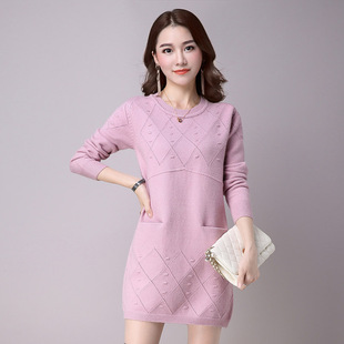 2016秋装新款 韩版纯色圆领点点提花口袋中长款针织衫毛衣连衣裙
