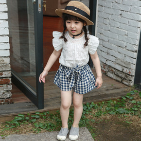 夏款童装童套装 韩版儿童时尚镂空纯色衬衫格子短裤女童套装