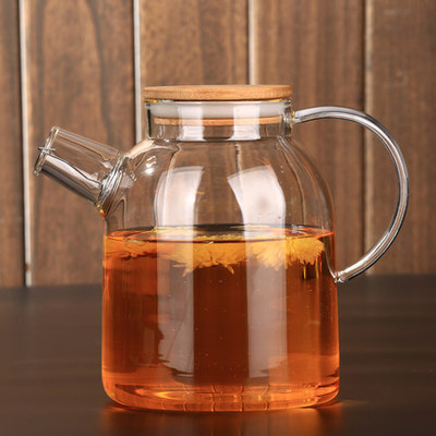 加厚玻璃壶花茶壶耐高温玻璃茶具大容量过滤茶壶竹木盖茶壶1600ML
