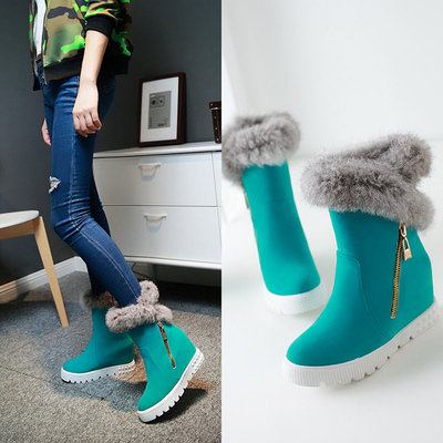 2015冬季内增高雪地靴毛毛靴坡跟保暖女靴平底套筒中筒靴中跟女靴