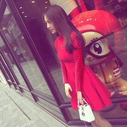 韩国2015秋季修身大码收腰蓬蓬A字裙中裙针织红色长袖秋装连衣裙