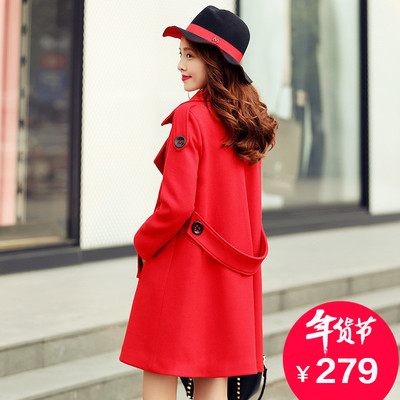 2015秋冬新款韩版时尚气质中长款双排扣毛呢外套羊毛呢子大衣女