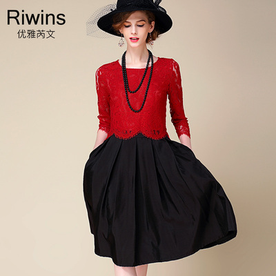 Riwins201秋季新品假两件套大码修身显瘦赫本气质蕾丝连衣裙黑色