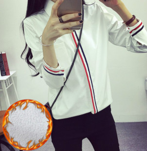 2015秋冬新款韩版衬衫女学生修身加绒加厚长袖纯棉打底衫白衬衣衫