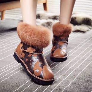 复古秋冬新款短靴女短筒冬靴子平跟雪地靴真兔毛女鞋pu女士保暖靴