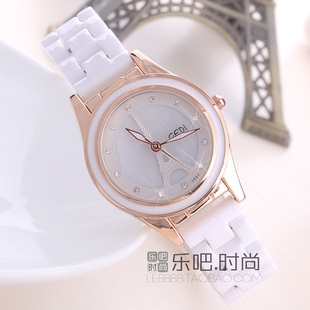 新款陶瓷手表女士白色腕表时尚女表韩版学生手表艾菲尔铁塔防水表