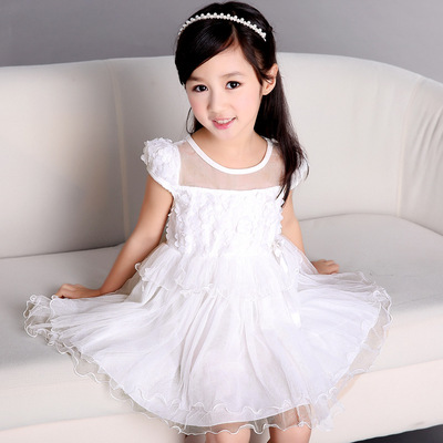 新款夏装儿童连衣裙子韩版中大童蕾丝纱裙公主裙女童白色连衣裙粉