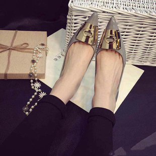 2015欧美尖头金属装饰浅口粗跟中跟单鞋　百搭ＯＬ工作鞋女