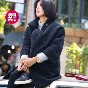 实拍韩版2015秋冬装大码中长款斗篷毛呢外套女九分袖茧型呢子大衣
