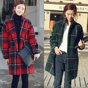 冬季韩国复古格子毛呢外套中长款女韩版韩范加厚加棉宽松呢子大衣