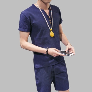 中国风亚麻t恤男短袖夏季复古棉麻上衣男士套装男装青年半袖夏装