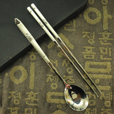 进口304不锈钢实心扁筷子圆勺子便携餐具 韩国式长柄学生筷勺套装