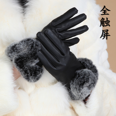 手套女士冬季韩版可爱骑车全指加绒保暖防风开车兔毛仿皮棉手套