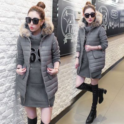 2015冬装新款女韩国宽松加厚棉衣两件套中长款大毛领羽绒棉服外套